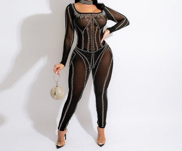 Women Mesh Bling Choker Sexy Fashion Long Sleeve Jumpsuit