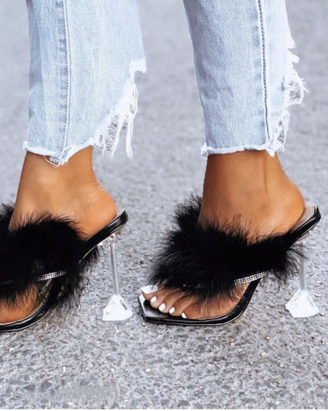 Women Fashion Rhinestone Fur High Heel Sandals