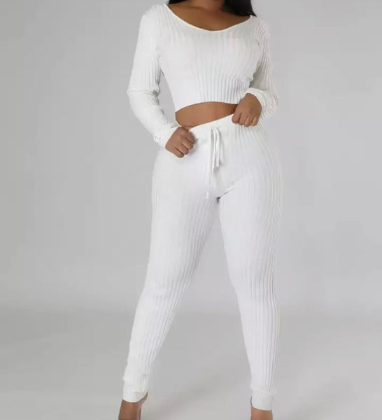 Women Solid Color Ribbed Full Sleeve Crop Two Piece Pant Set