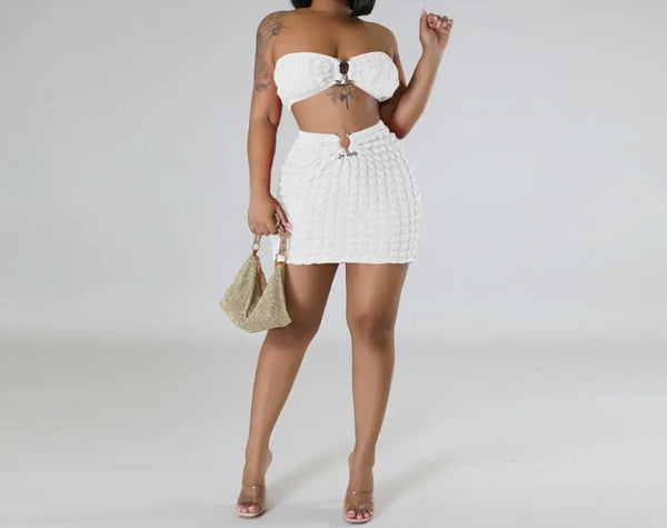 Women Sexy Metal Strapless Crop Two Piece Skirt Set