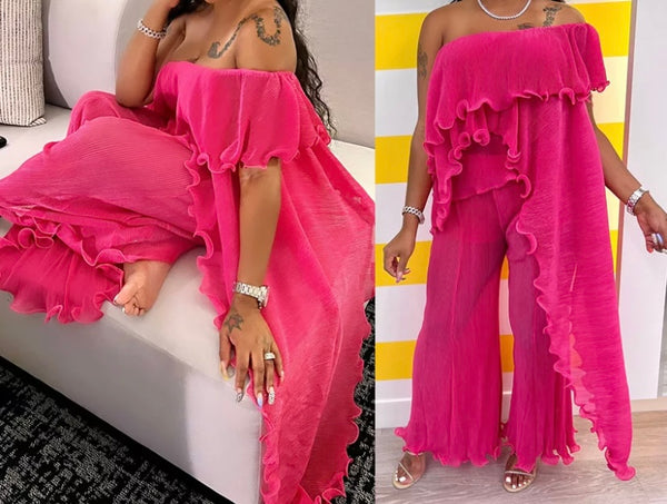 Women Sexy Off The Shoulder Ruffled Asymmetrical Two Piece Pant Set