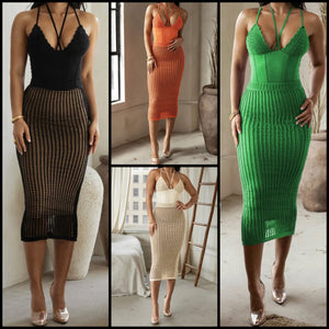 Women Sexy Sleeveless Bodysuit Two Piece Knitted Skirt Set