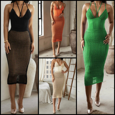 Women Sexy Sleeveless Bodysuit Two Piece Knitted Skirt Set