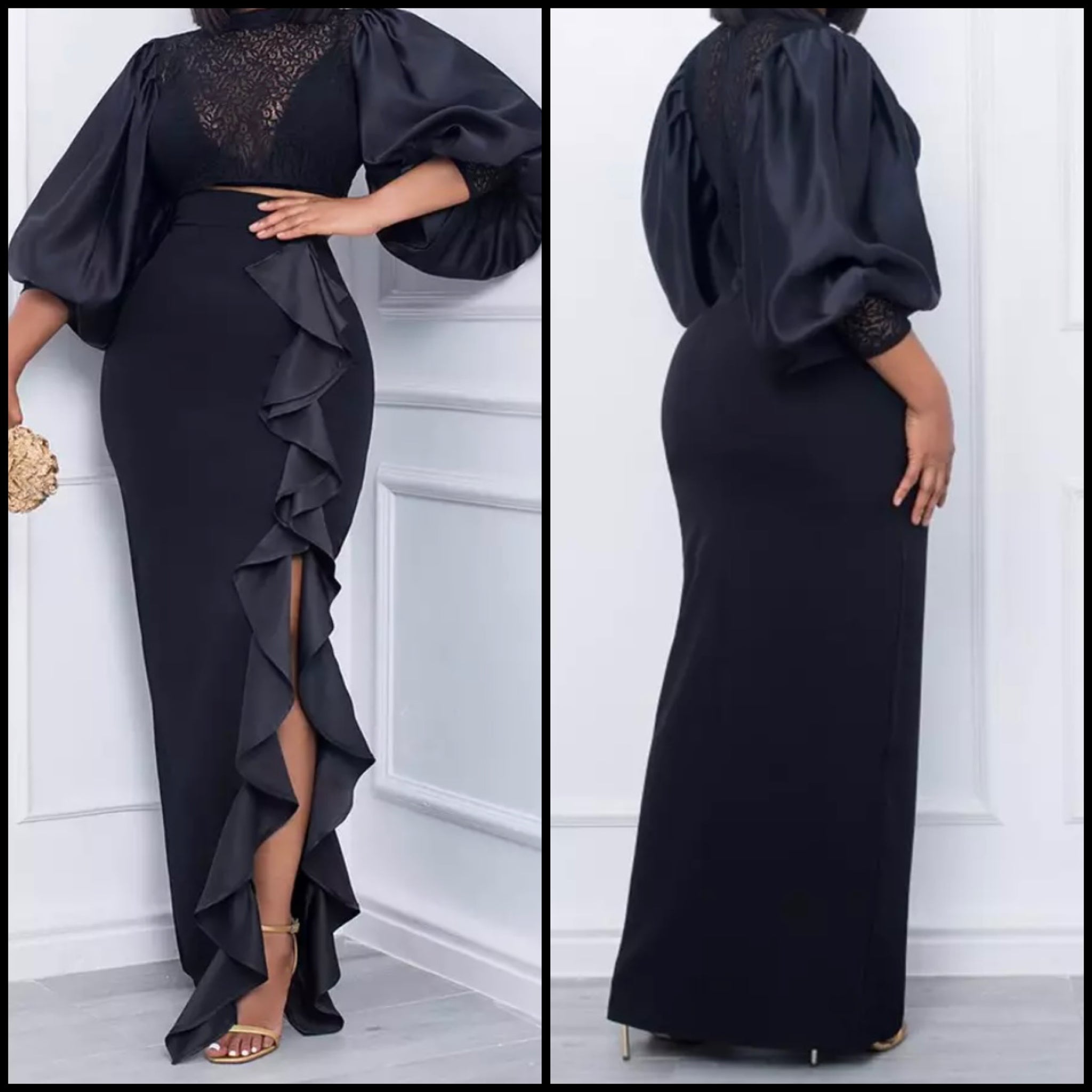Women Sexy Black Ruffled Side Split Two Piece Skirt Set