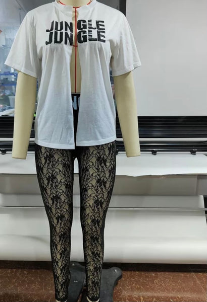 Women Letter Print Tie Up Two Piece Lace Pant Set