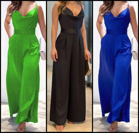 Women Sexy Sleeveless Belted Wide Leg Jumpsuit