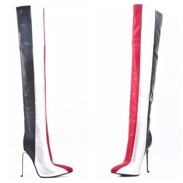 Women Fashion Over The Knee Color Patchwork Striped Boots