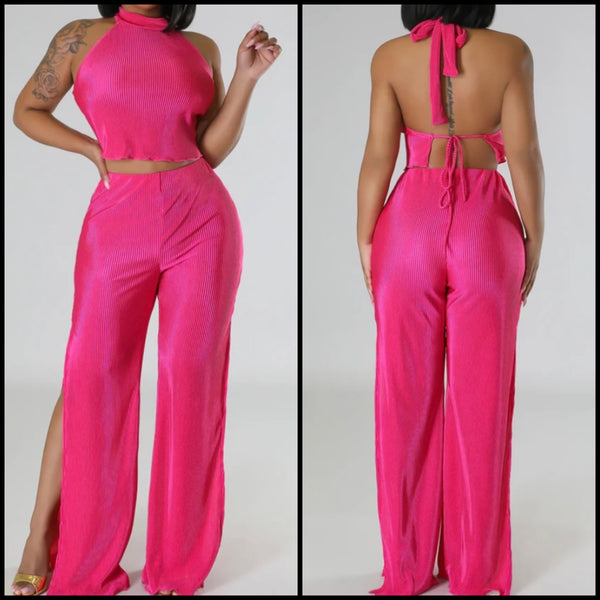 Women Sexy Sleeveless Tie Up Back Two Piece Side Slit Pant Set