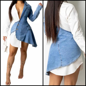 Women Sexy Button Up Full Sleeve Denim Patchwork Blazer Dress