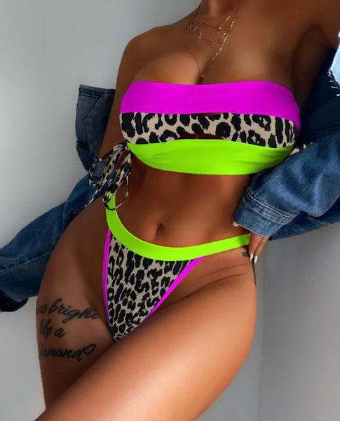 Women Strapless Sexy Animal Print Color Patchwork Bikini Swimsuit