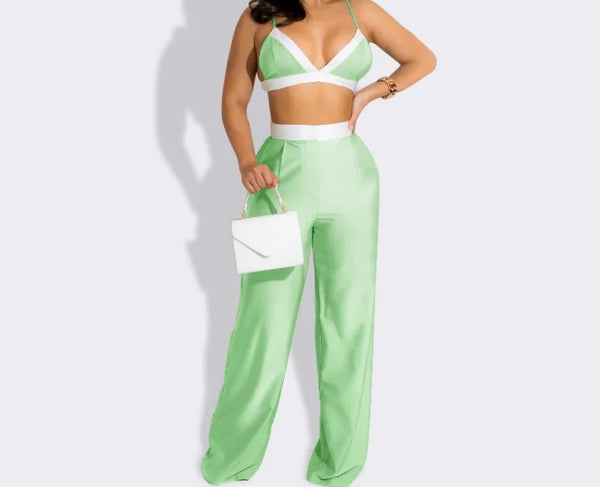 Women Sexy Sleeveless Color Patchwork Two Piece Pant Set
