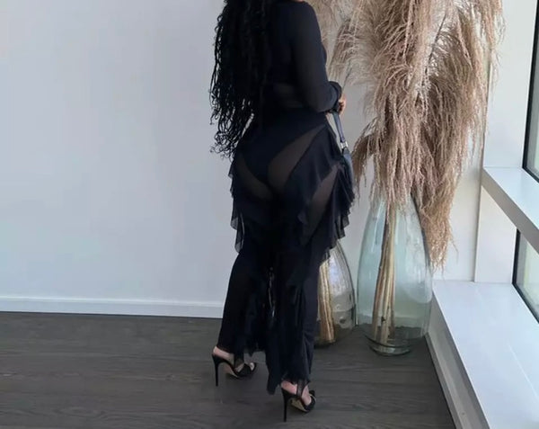 Women Black Ruffled Mesh Sexy Full Sleeve Jumpsuit