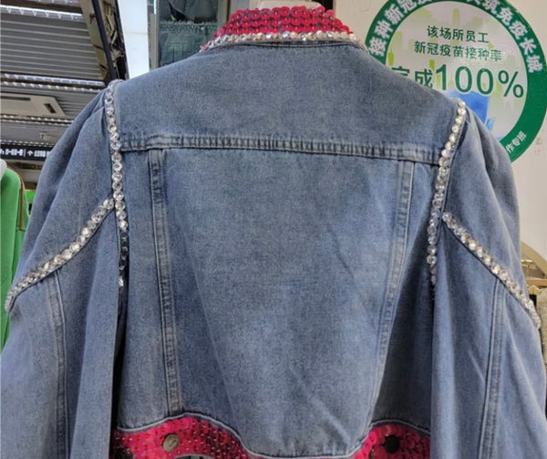 Women Fashion Sequins Patchwork Denim Crop Jacket