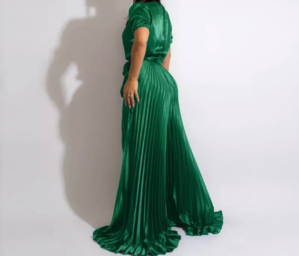 Women Sexy Short Sleeve Pleated Wide Leg Jumpsuit