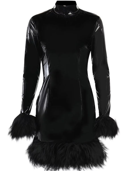Women Sexy Black Fashion Feather PU Dress