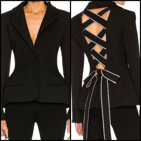 Women Sexy Black Criss Cross Rhinestone Back Blazer Top