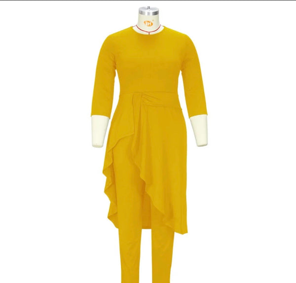 Women Yellow Sexy Asymmetrical Full Sleeve Two Piece Pant Set