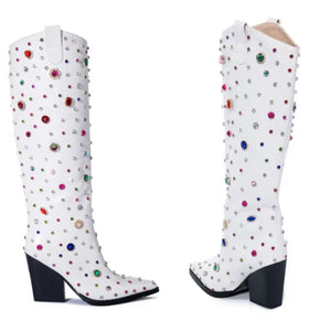 Women Fashion Multicolored Gem White Western Boots