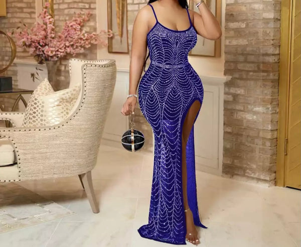 Women Sleeveless Sexy Side High Split Mesh Bling Maxi Dress