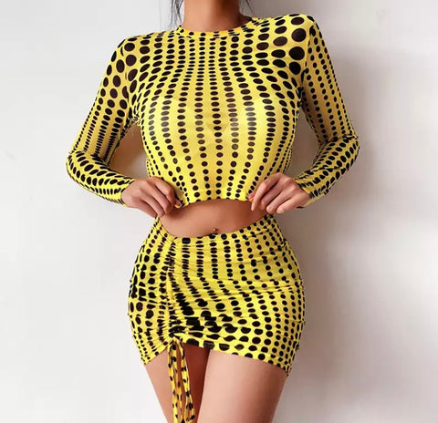 Women Sexy Yellow Dot Full Sleeve Crop Two Piece Drawstring Skirt Set