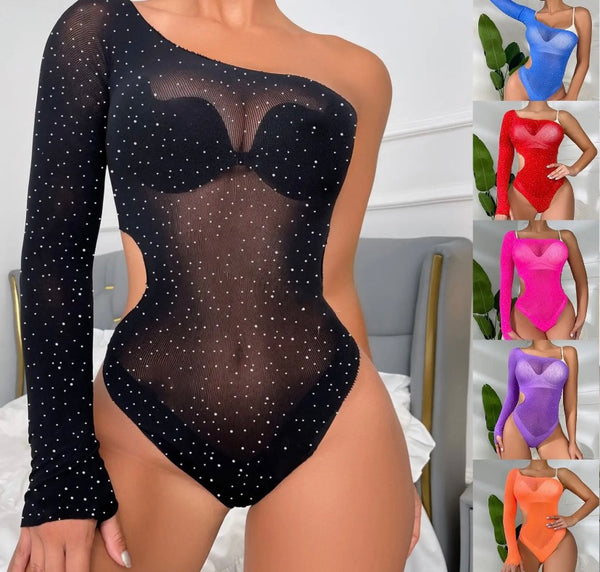 Women Sexy One Shoulder Cut Out Bling Fishnet Bodysuit Top