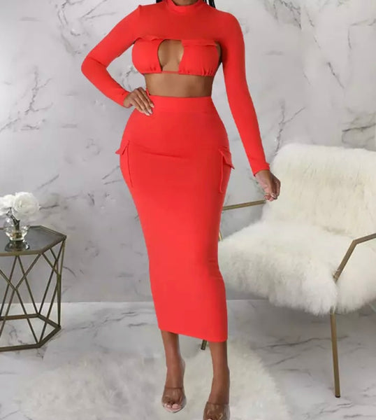 Women Sexy Full Sleeve Tie Up Open Back Two Piece Maxi Skirt Set