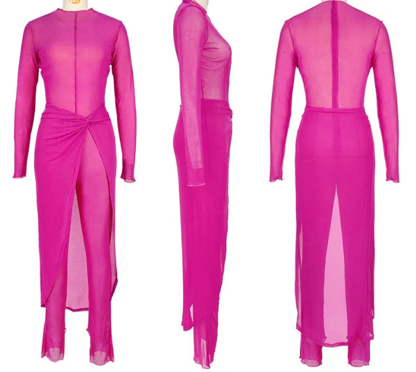 Women Sexy Long Sleeve Mesh Asymmetrical Two Piece Jumpsuit Set