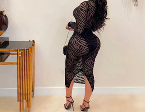 Women Sexy Black Printed Mesh Long Sleeve Dress