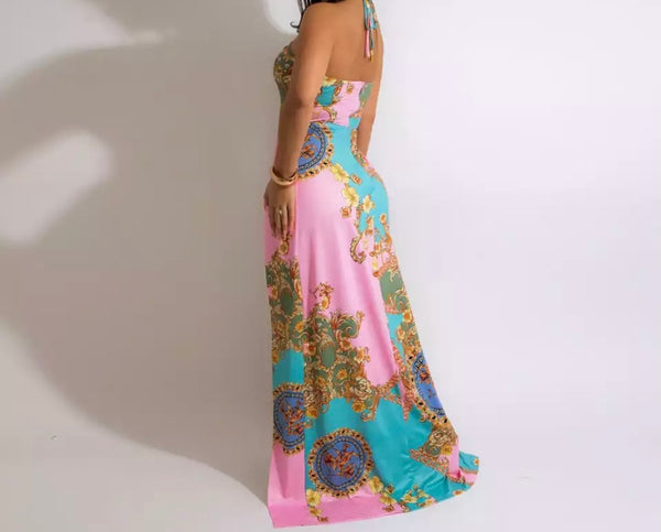 Women Printed Halter Cut Out High Split Maxi Dress