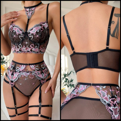 Women Mesh Sexy Color Heart Choker Lingerie Set