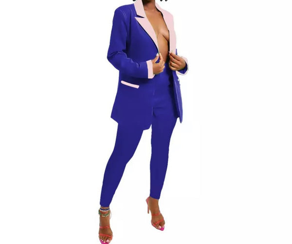 Women Fashion Color-Block Blazer Two Piece Pant Set