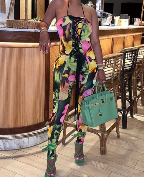 Women Sleeveless Colorful Floral Print Fashion Jumpsuit