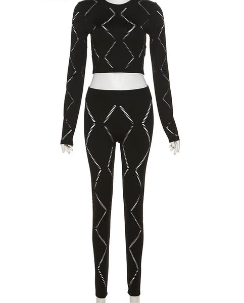 Women Sexy Hollow Out Full Sleeve Crop Two Piece Pant Set