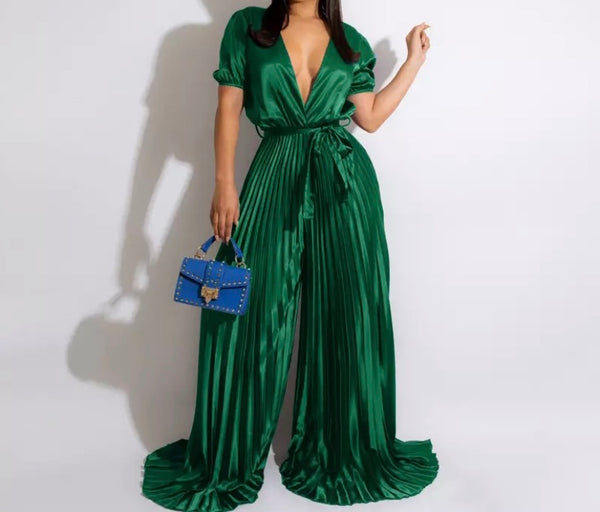 Women Sexy Short Sleeve Pleated Wide Leg Jumpsuit