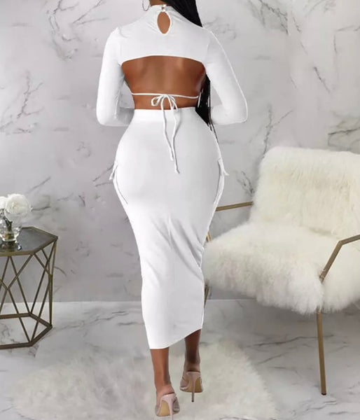 Women Sexy Full Sleeve Tie Up Open Back Two Piece Maxi Skirt Set