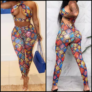 Women Sexy Multicolored Print Cross Halter Crop Two Piece Pant Set