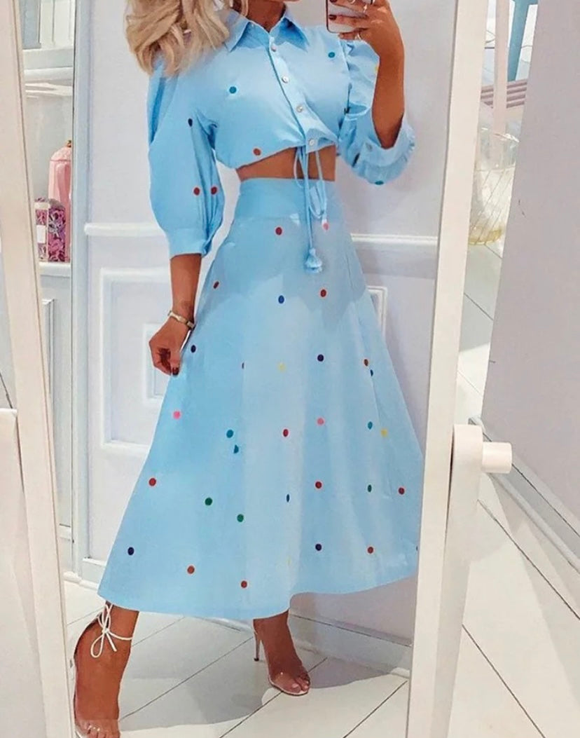 Women Blue Polka Dot Full Sleeve Crop Two Piece Maxi Skirt Set