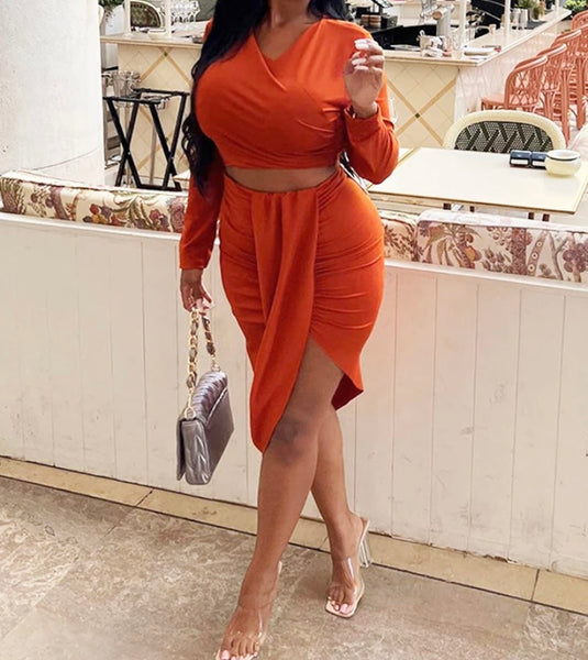 Women Sexy Orange Full Sleeve Ruched Crop Two Piece Skirt Set