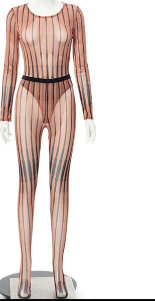 Women Sexy Striped Two Piece Bodysuit Pant Set
