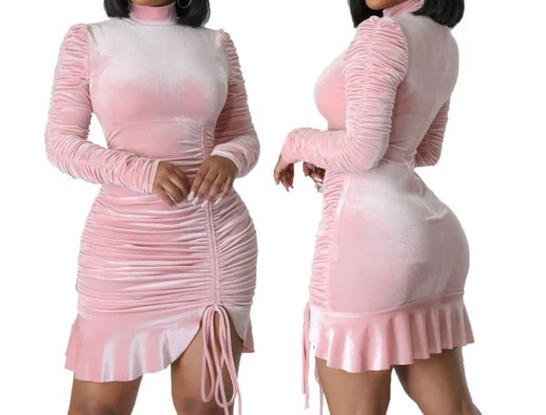 Women Sexy Velour Ruched Drawstring Full Sleeve Dress