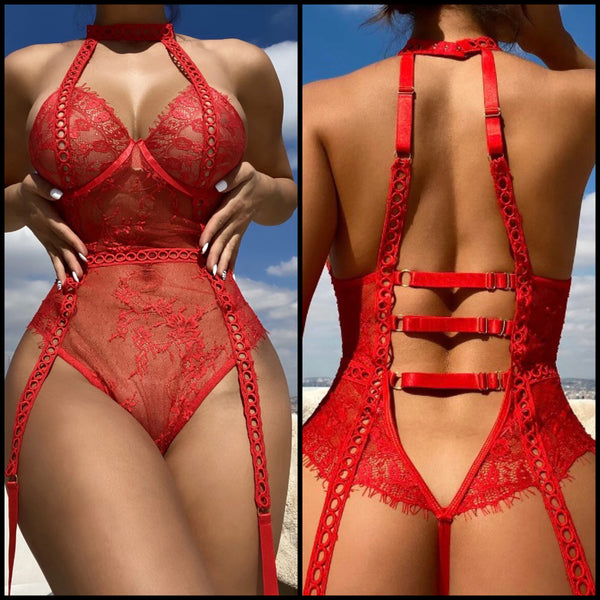 Women Sexy Red Lace Open Back Thong Bodysuit Lingerie