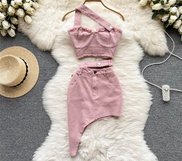 Women Sexy Pink One Shoulder Crop Two Piece Skirt Set