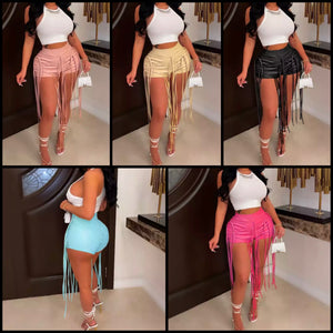 Women Fashion Tassel Color Faux Leather Mini Shorts