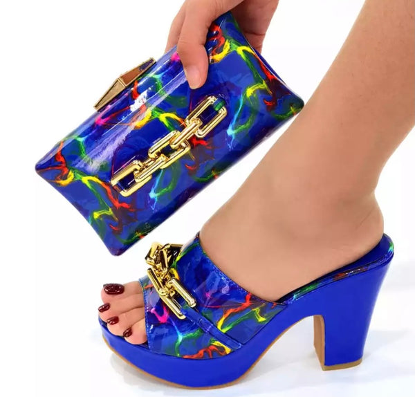 Women Printed Chain Fashion Slide On Sandals Handbag Set