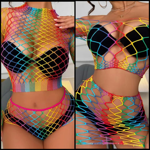 Women Sexy Rainbow Mesh Two Piece Lingerie Set