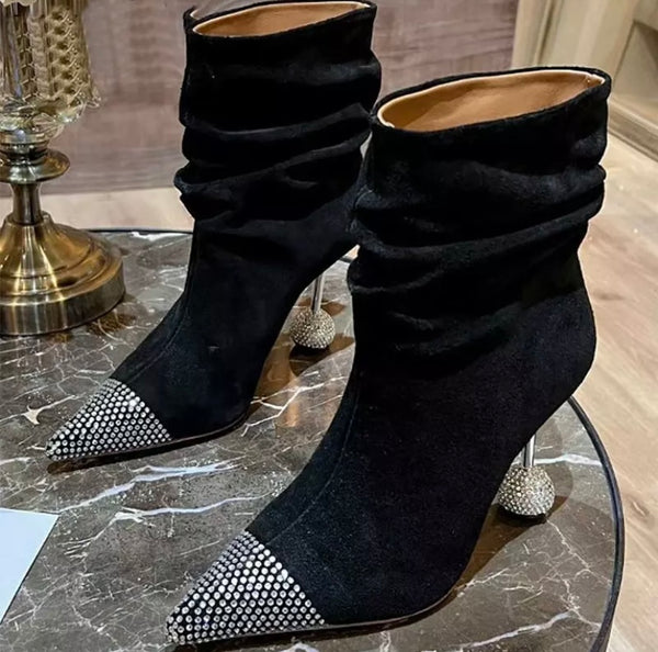 Women Fashion Suede Bling Ruched Ankle Boots