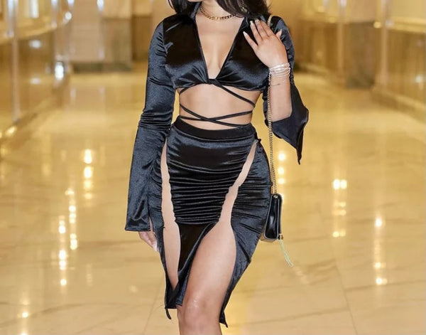 Women Black Sexy Satin Two Piece Lace Up Skirt Set