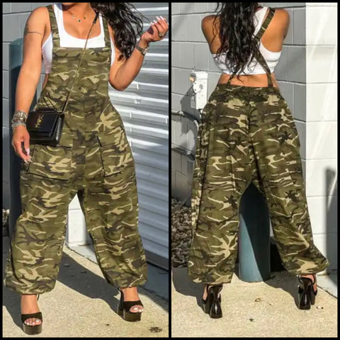 Women Sleeveless Fashion Wide Leg Camouflage Jumpsuit