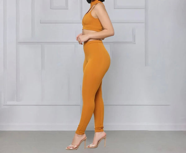 Women Sleeveless Solid Color Crop Two Piece Pant Set