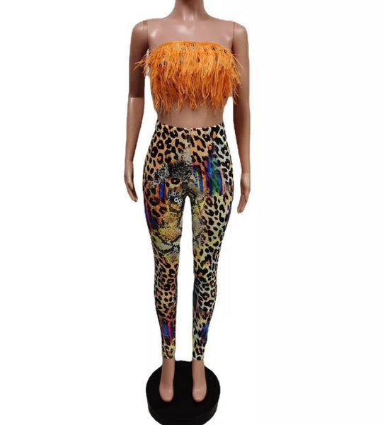 Women Fashion Feather Strapless Crop Two Piece Animal Print Pant Set